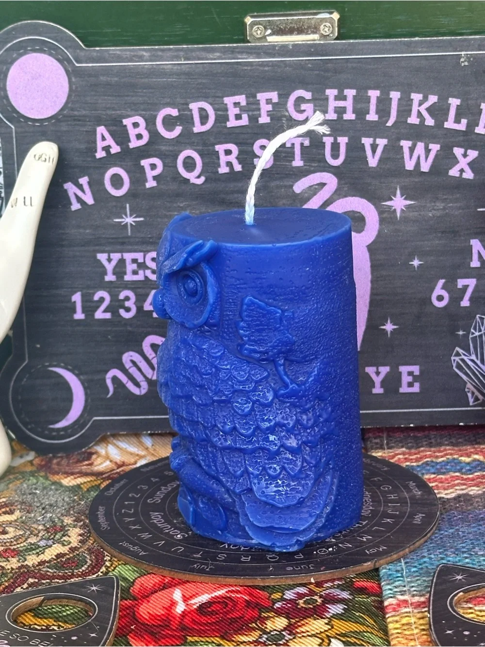 Blue Wise Owl Pillar Candle | Woodland Witch Decor